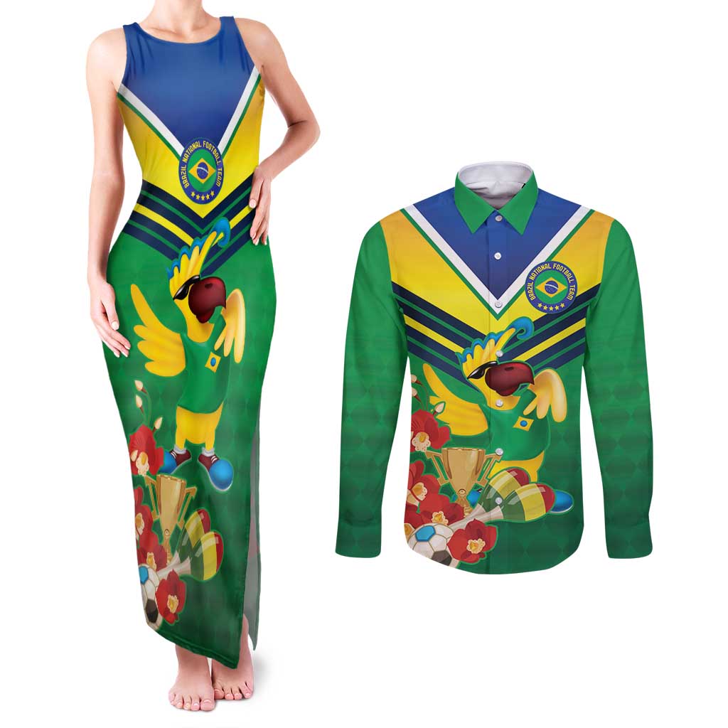Brazil Canarinho Football Custom Couples Matching Tank Maxi Dress and Long Sleeve Button Shirt Bora Brasil! Go Brazil!