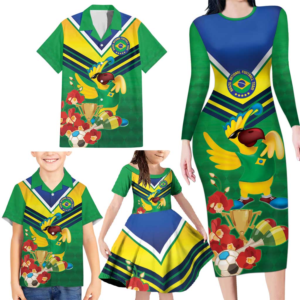 Brazil Canarinho Football Custom Family Matching Long Sleeve Bodycon Dress and Hawaiian Shirt Bora Brasil! Go Brazil!