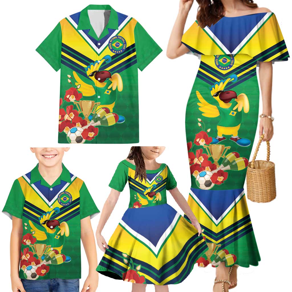 Brazil Canarinho Football Custom Family Matching Mermaid Dress and Hawaiian Shirt Bora Brasil! Go Brazil!