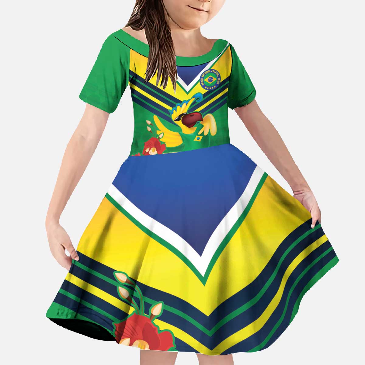 Brazil Canarinho Football Custom Family Matching Off The Shoulder Long Sleeve Dress and Hawaiian Shirt Bora Brasil! Go Brazil!