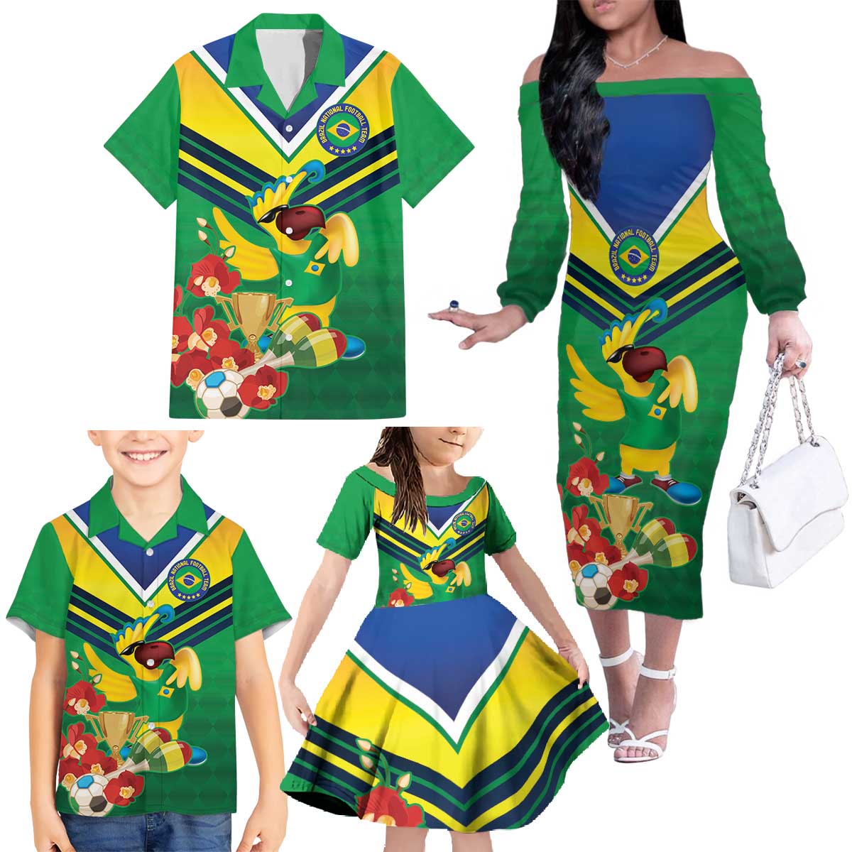 Brazil Canarinho Football Custom Family Matching Off The Shoulder Long Sleeve Dress and Hawaiian Shirt Bora Brasil! Go Brazil!
