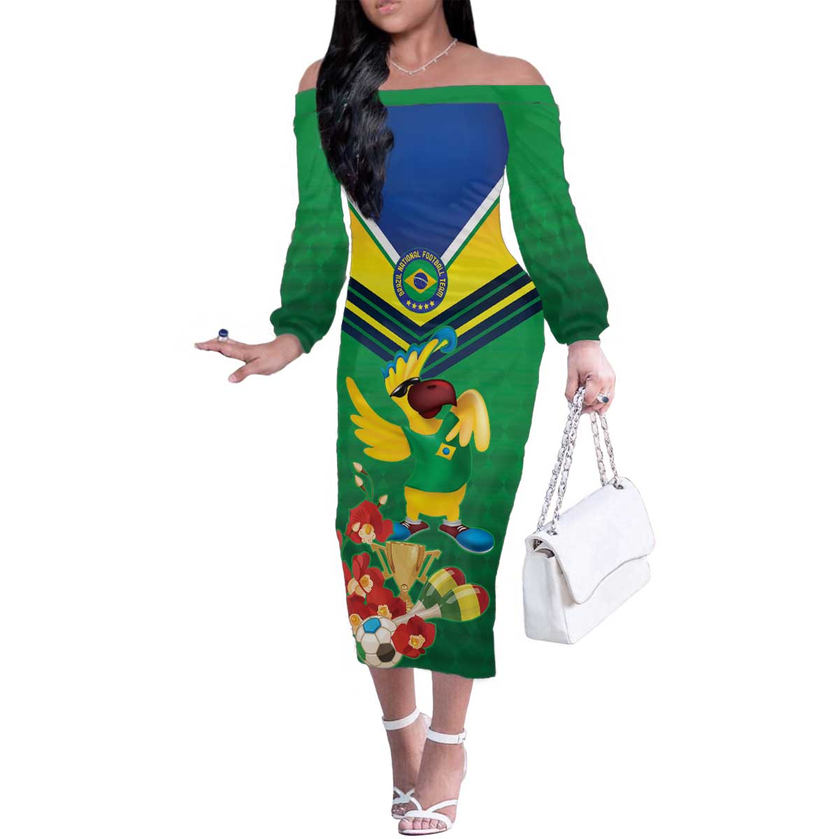 Brazil Canarinho Football Custom Family Matching Off The Shoulder Long Sleeve Dress and Hawaiian Shirt Bora Brasil! Go Brazil!