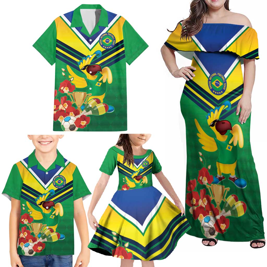Brazil Canarinho Football Custom Family Matching Off Shoulder Maxi Dress and Hawaiian Shirt Bora Brasil! Go Brazil!
