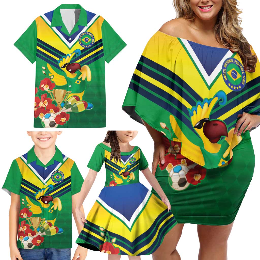 Brazil Canarinho Football Custom Family Matching Off Shoulder Short Dress and Hawaiian Shirt Bora Brasil! Go Brazil!