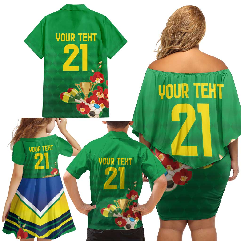Brazil Canarinho Football Custom Family Matching Off Shoulder Short Dress and Hawaiian Shirt Bora Brasil! Go Brazil!