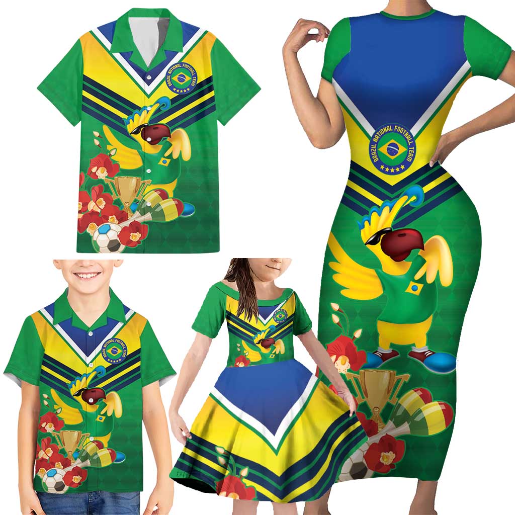 Brazil Canarinho Football Custom Family Matching Short Sleeve Bodycon Dress and Hawaiian Shirt Bora Brasil! Go Brazil!