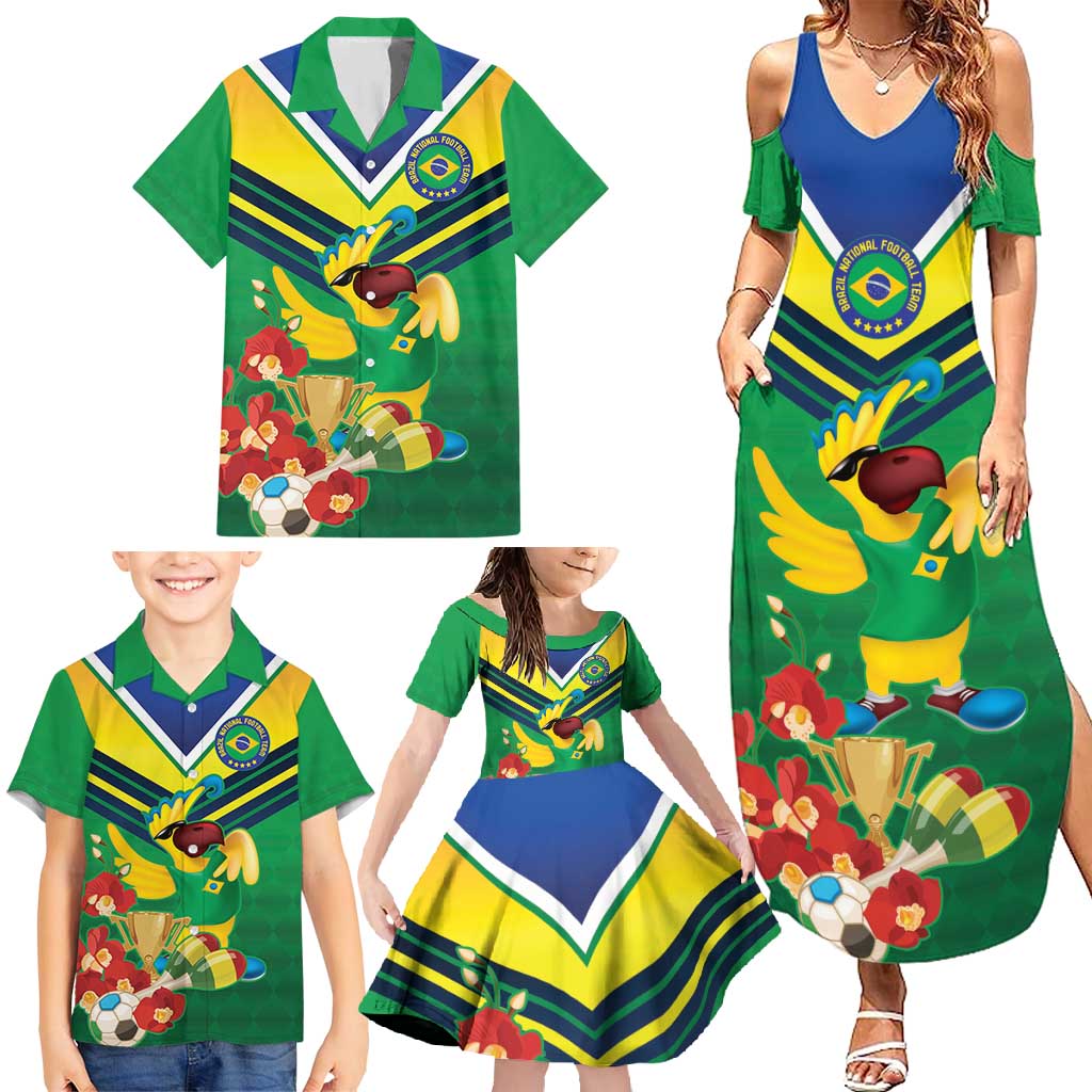 Brazil Canarinho Football Custom Family Matching Summer Maxi Dress and Hawaiian Shirt Bora Brasil! Go Brazil!