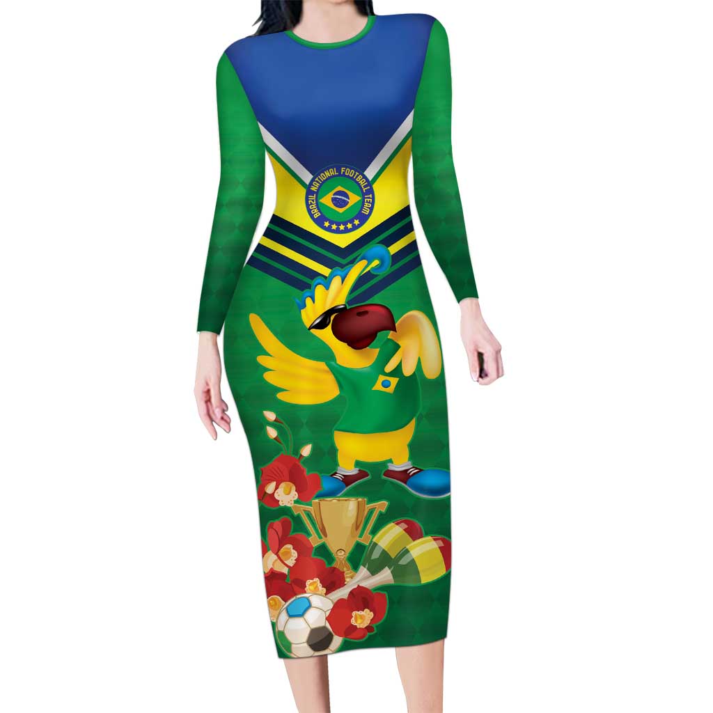 Brazil Canarinho Football Custom Long Sleeve Bodycon Dress Bora Brasil! Go Brazil!