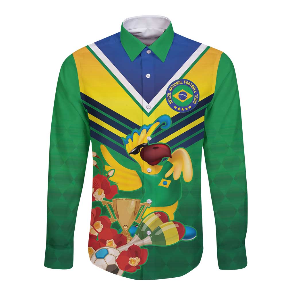 Brazil Canarinho Football Custom Long Sleeve Button Shirt Bora Brasil! Go Brazil!