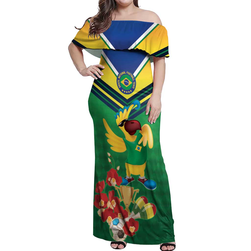 Brazil Canarinho Football Custom Off Shoulder Maxi Dress Bora Brasil! Go Brazil!