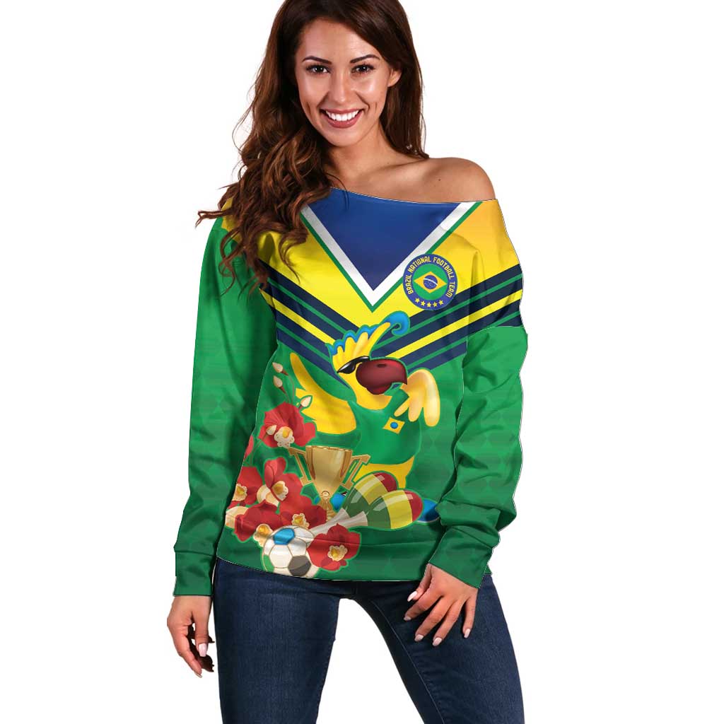 Brazil Canarinho Football Custom Off Shoulder Sweater Bora Brasil! Go Brazil!