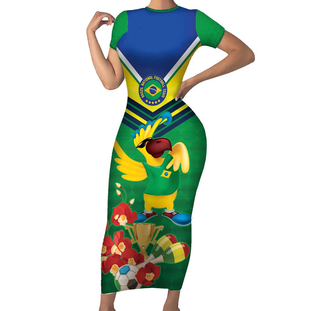 Brazil Canarinho Football Custom Short Sleeve Bodycon Dress Bora Brasil! Go Brazil!