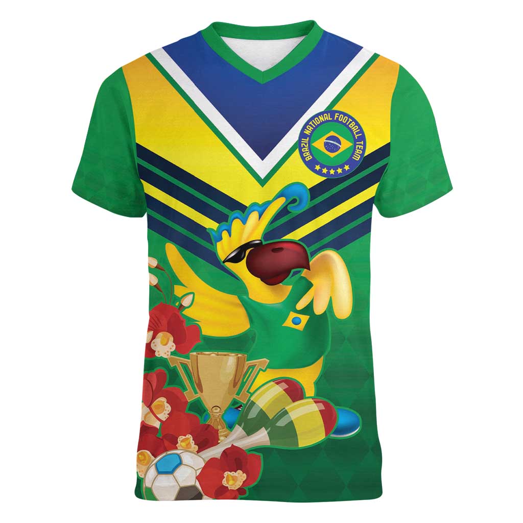 Brazil Canarinho Football Custom Women V-Neck T-Shirt Bora Brasil! Go Brazil!