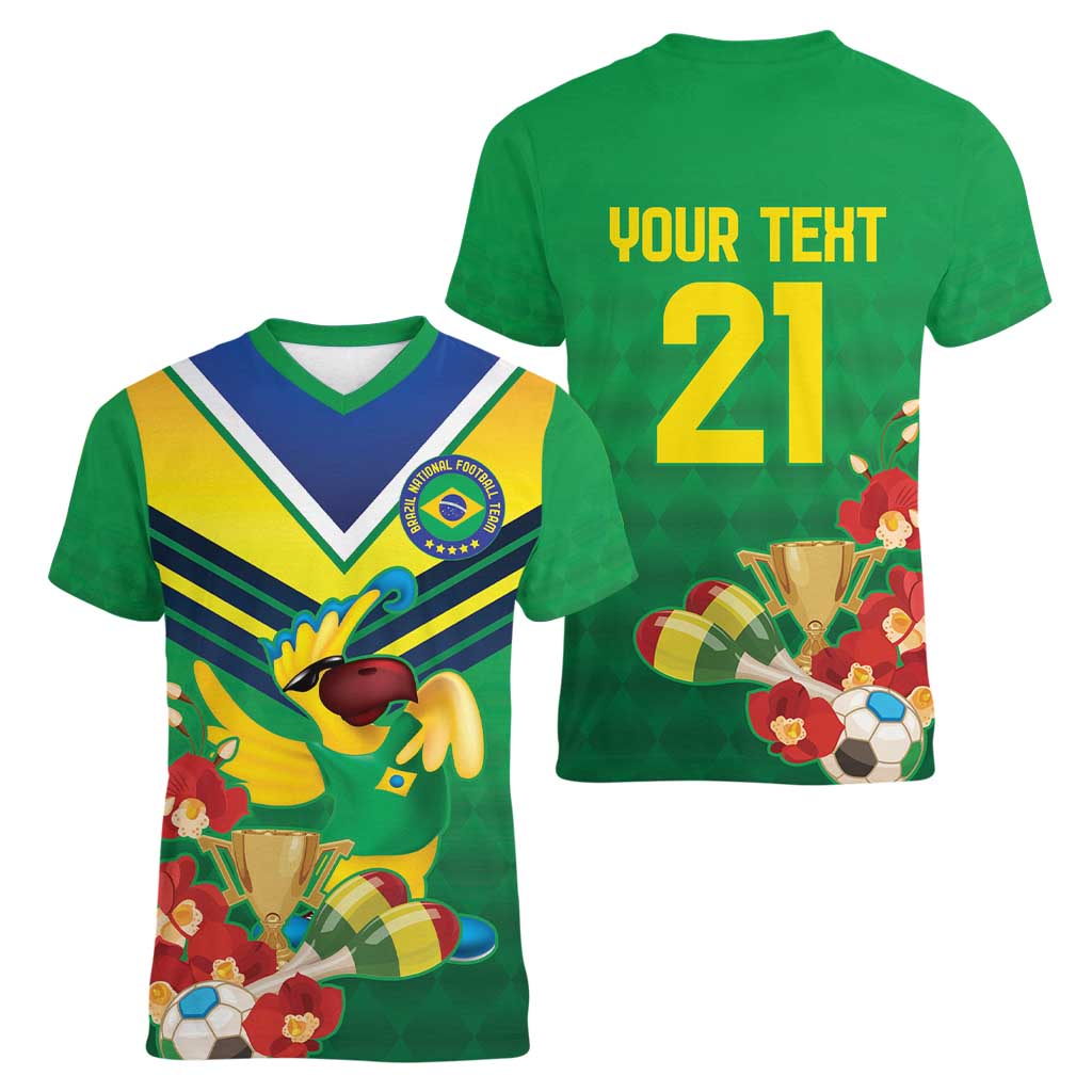 Brazil Canarinho Football Custom Women V-Neck T-Shirt Bora Brasil! Go Brazil!