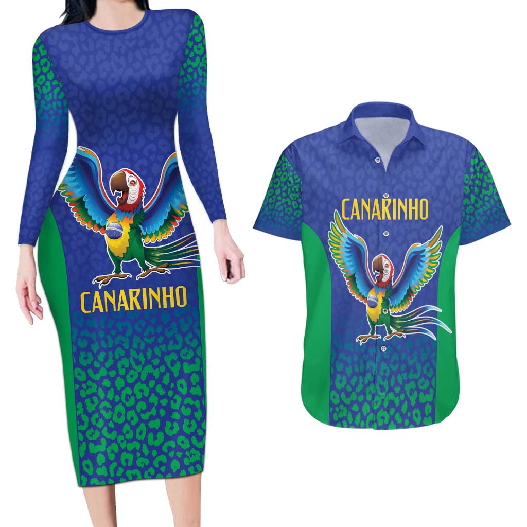 Brazil Canarinho Custom Couples Matching Long Sleeve Bodycon Dress and Hawaiian Shirt Macaw Mascot with Brazil Flag Colors
