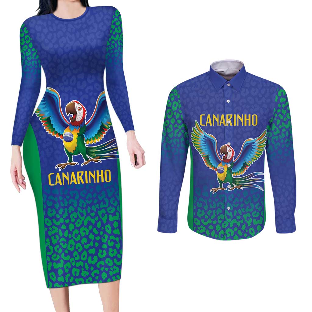 Brazil Canarinho Custom Couples Matching Long Sleeve Bodycon Dress and Long Sleeve Button Shirt Macaw Mascot with Brazil Flag Colors