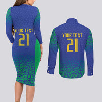 Brazil Canarinho Custom Couples Matching Long Sleeve Bodycon Dress and Long Sleeve Button Shirt Macaw Mascot with Brazil Flag Colors