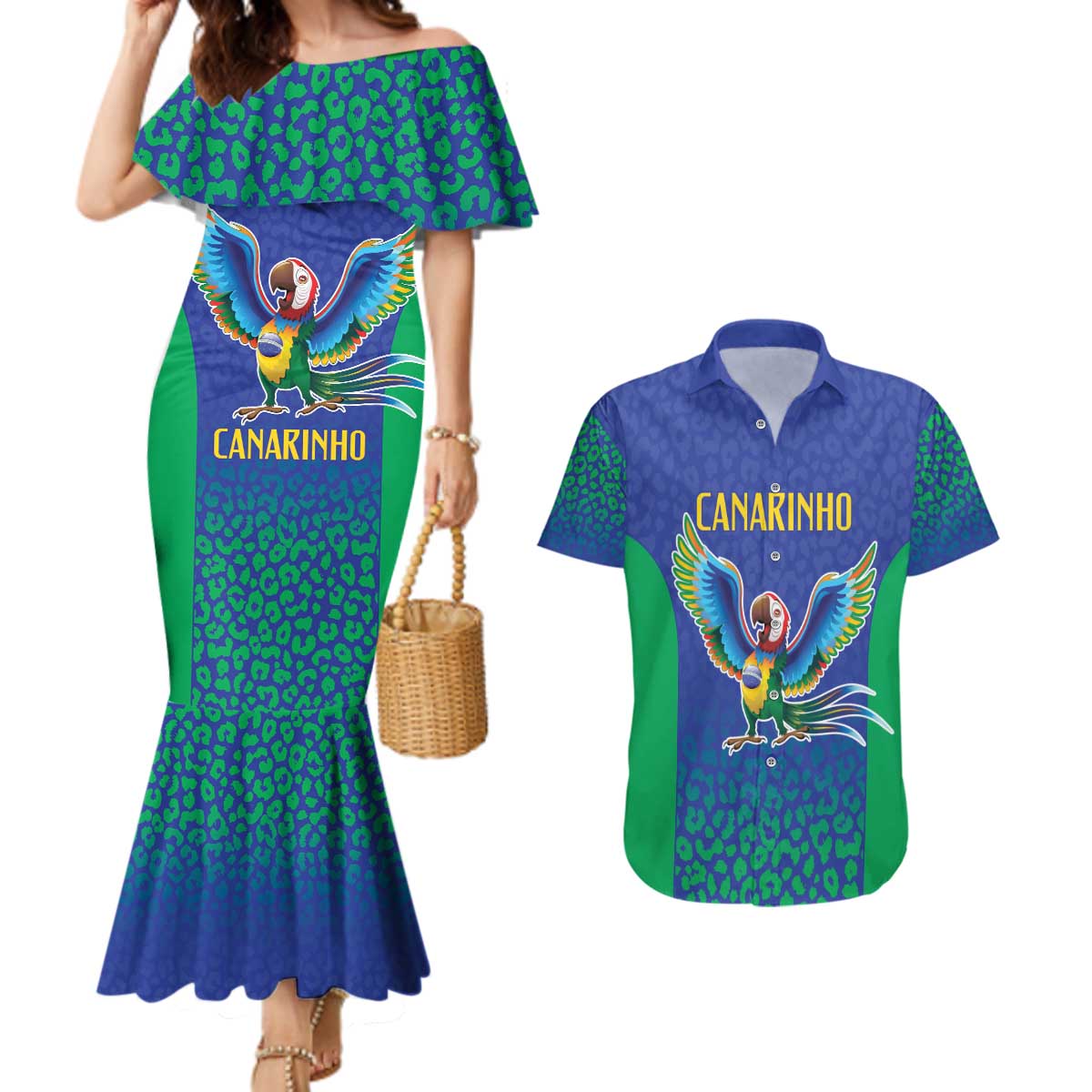 Brazil Canarinho Custom Couples Matching Mermaid Dress and Hawaiian Shirt Macaw Mascot with Brazil Flag Colors