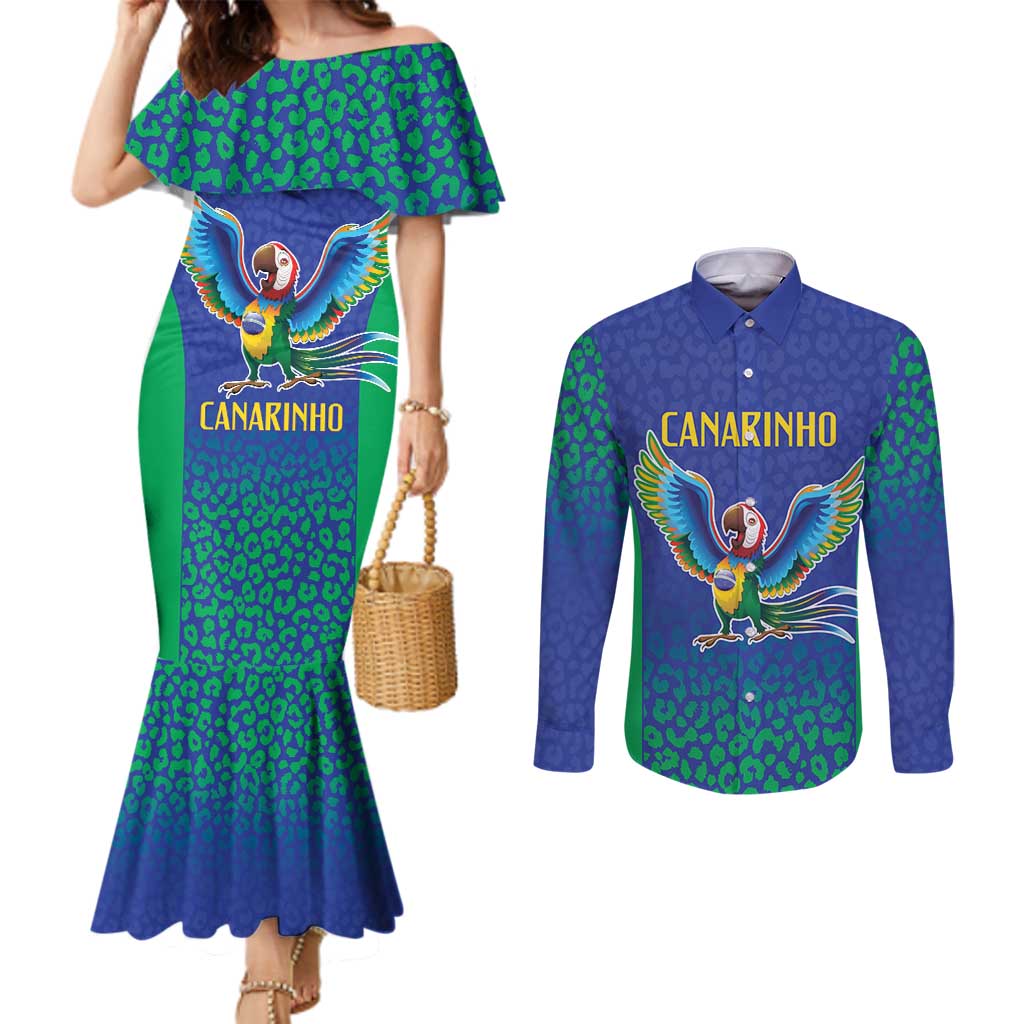 Brazil Canarinho Custom Couples Matching Mermaid Dress and Long Sleeve Button Shirt Macaw Mascot with Brazil Flag Colors