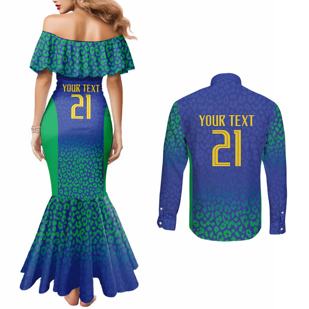Brazil Canarinho Custom Couples Matching Mermaid Dress and Long Sleeve Button Shirt Macaw Mascot with Brazil Flag Colors