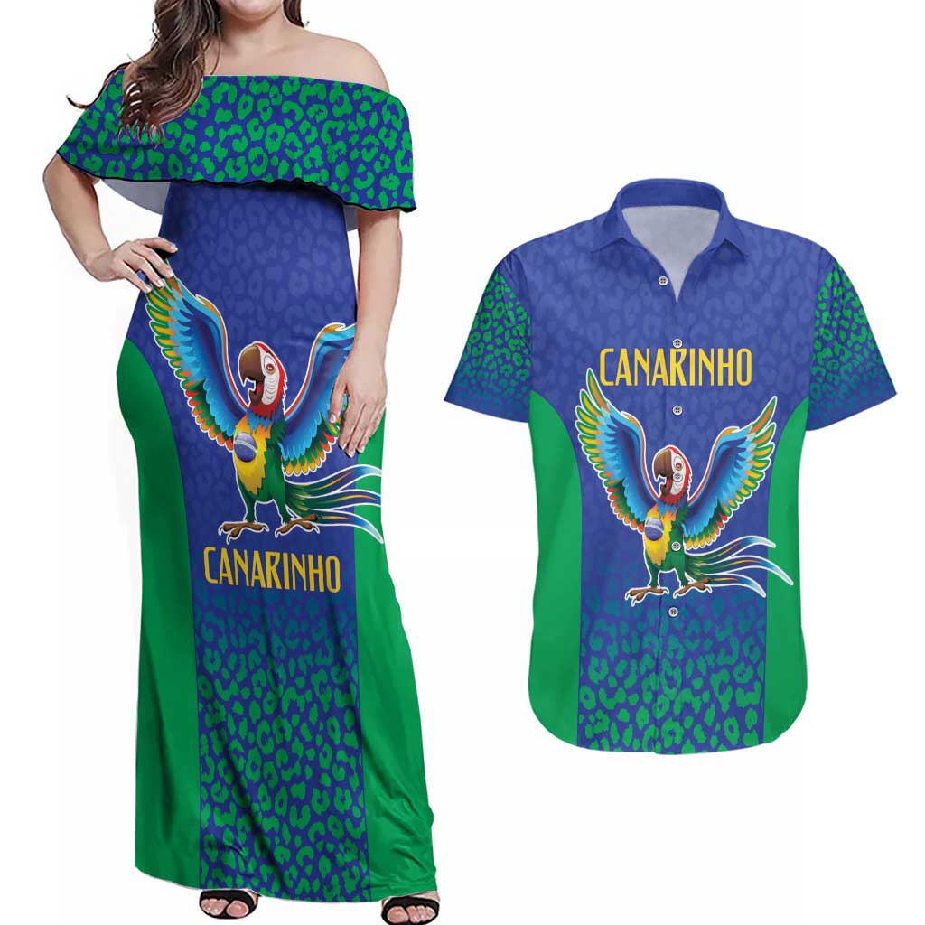 Brazil Canarinho Custom Couples Matching Off Shoulder Maxi Dress and Hawaiian Shirt Macaw Mascot with Brazil Flag Colors