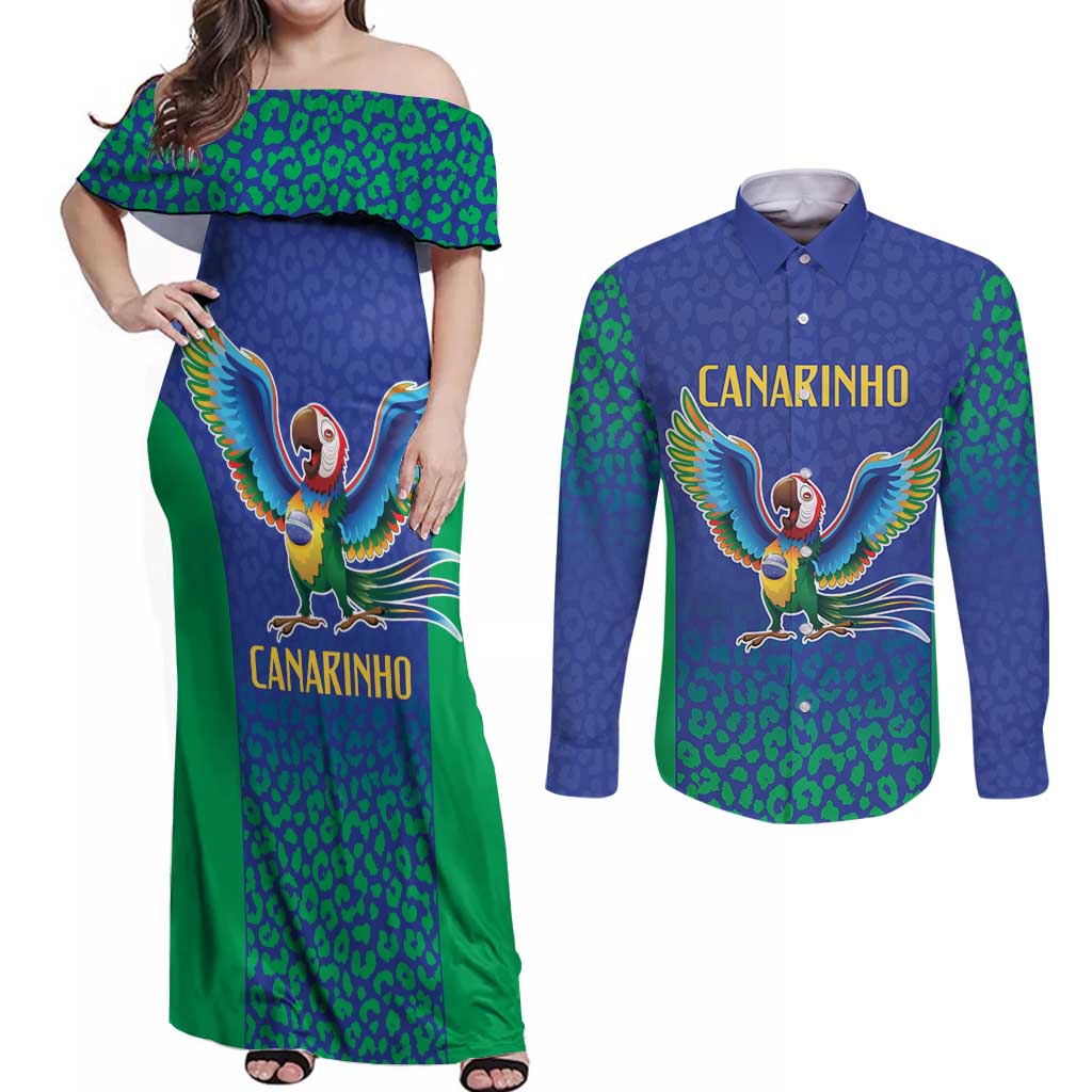 Brazil Canarinho Custom Couples Matching Off Shoulder Maxi Dress and Long Sleeve Button Shirt Macaw Mascot with Brazil Flag Colors