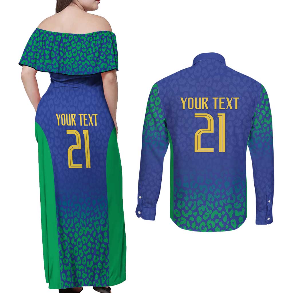 Brazil Canarinho Custom Couples Matching Off Shoulder Maxi Dress and Long Sleeve Button Shirt Macaw Mascot with Brazil Flag Colors