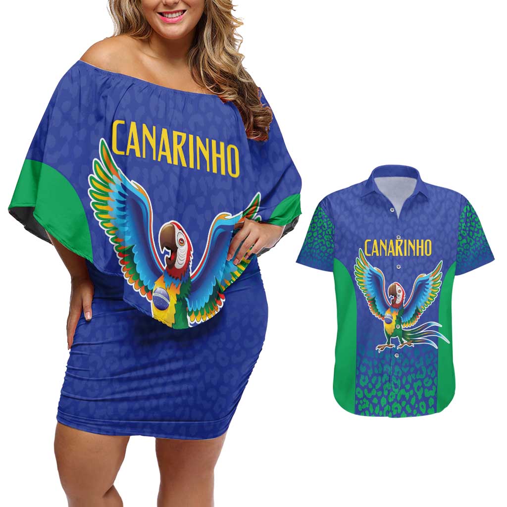 Brazil Canarinho Custom Couples Matching Off Shoulder Short Dress and Hawaiian Shirt Macaw Mascot with Brazil Flag Colors