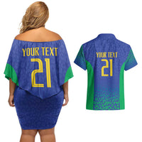 Brazil Canarinho Custom Couples Matching Off Shoulder Short Dress and Hawaiian Shirt Macaw Mascot with Brazil Flag Colors