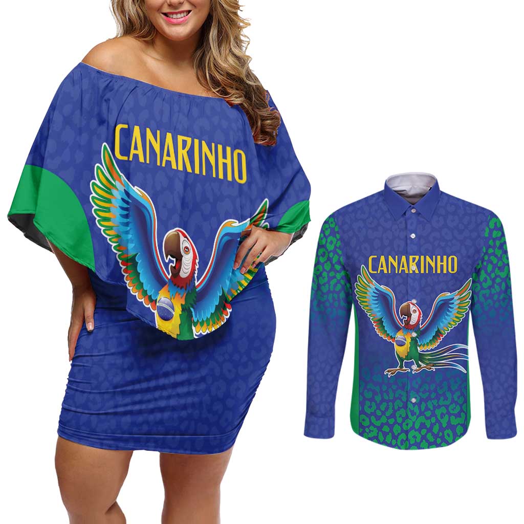 Brazil Canarinho Custom Couples Matching Off Shoulder Short Dress and Long Sleeve Button Shirt Macaw Mascot with Brazil Flag Colors