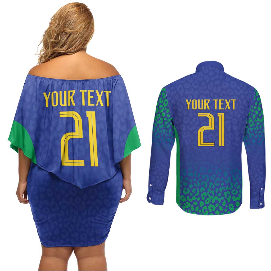 Brazil Canarinho Custom Couples Matching Off Shoulder Short Dress and Long Sleeve Button Shirt Macaw Mascot with Brazil Flag Colors