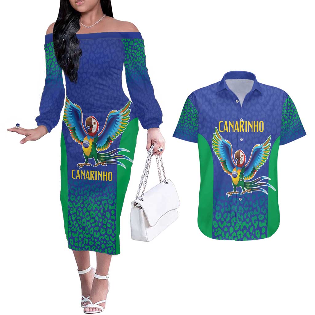 Brazil Canarinho Custom Couples Matching Off The Shoulder Long Sleeve Dress and Hawaiian Shirt Macaw Mascot with Brazil Flag Colors