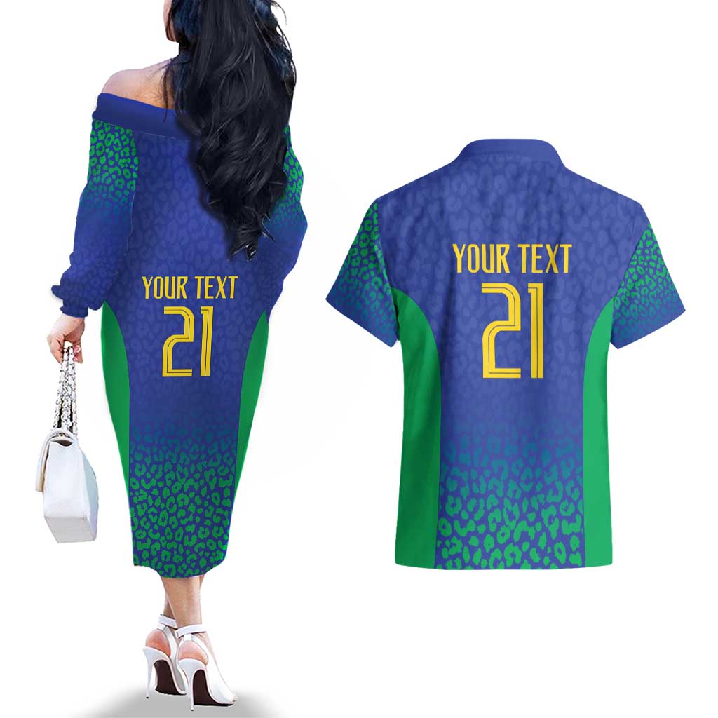 Brazil Canarinho Custom Couples Matching Off The Shoulder Long Sleeve Dress and Hawaiian Shirt Macaw Mascot with Brazil Flag Colors