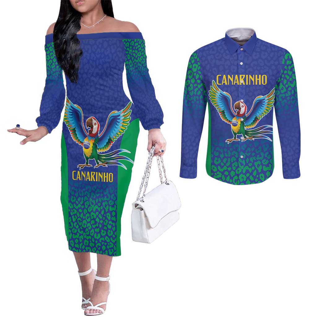 Brazil Canarinho Custom Couples Matching Off The Shoulder Long Sleeve Dress and Long Sleeve Button Shirt Macaw Mascot with Brazil Flag Colors