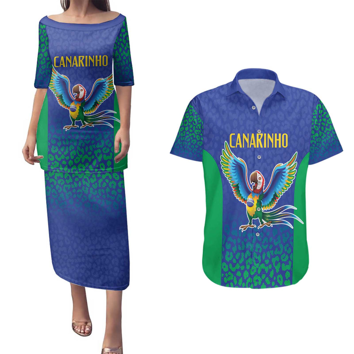 Brazil Canarinho Custom Couples Matching Puletasi and Hawaiian Shirt Macaw Mascot with Brazil Flag Colors
