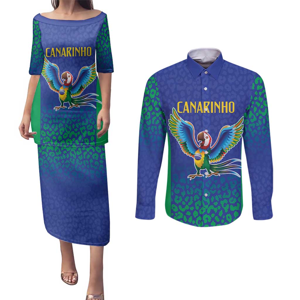Brazil Canarinho Custom Couples Matching Puletasi and Long Sleeve Button Shirt Macaw Mascot with Brazil Flag Colors
