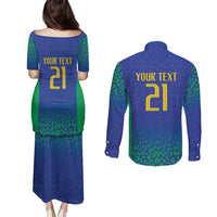 Brazil Canarinho Custom Couples Matching Puletasi and Long Sleeve Button Shirt Macaw Mascot with Brazil Flag Colors