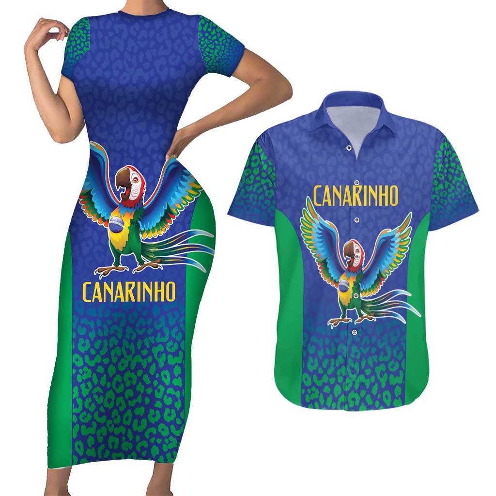 Brazil Canarinho Custom Couples Matching Short Sleeve Bodycon Dress and Hawaiian Shirt Macaw Mascot with Brazil Flag Colors