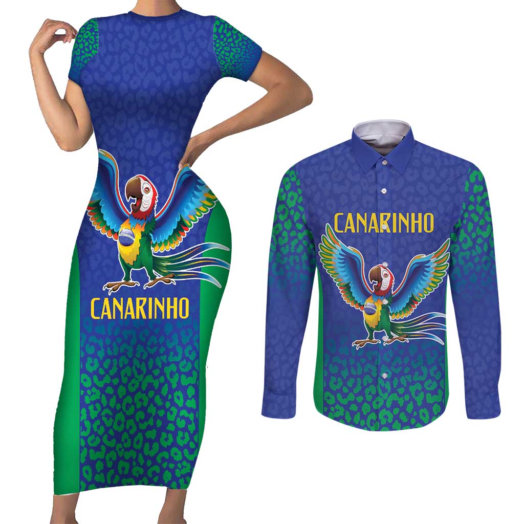 Brazil Canarinho Custom Couples Matching Short Sleeve Bodycon Dress and Long Sleeve Button Shirt Macaw Mascot with Brazil Flag Colors