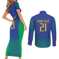 Brazil Canarinho Custom Couples Matching Short Sleeve Bodycon Dress and Long Sleeve Button Shirt Macaw Mascot with Brazil Flag Colors