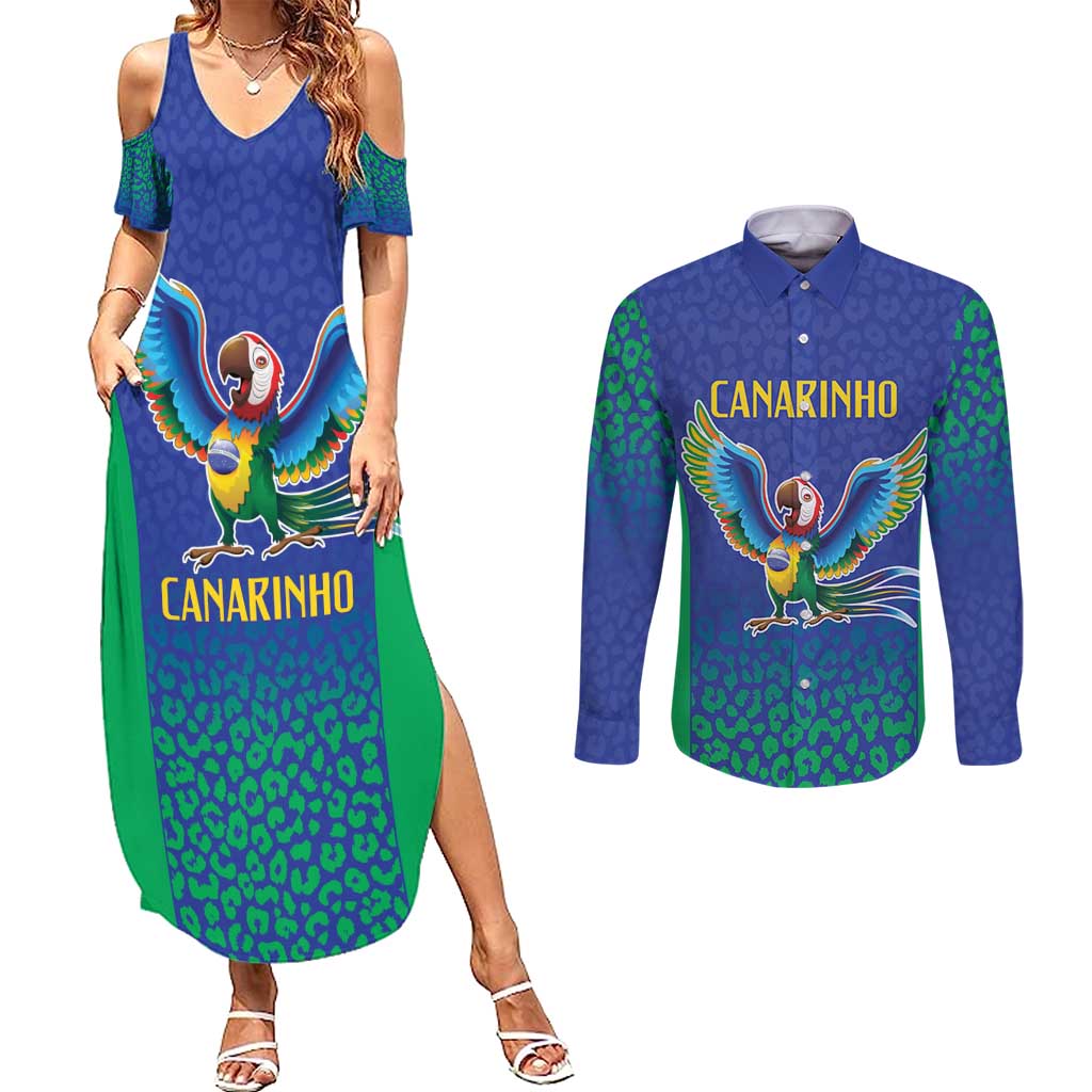 Brazil Canarinho Custom Couples Matching Summer Maxi Dress and Long Sleeve Button Shirt Macaw Mascot with Brazil Flag Colors