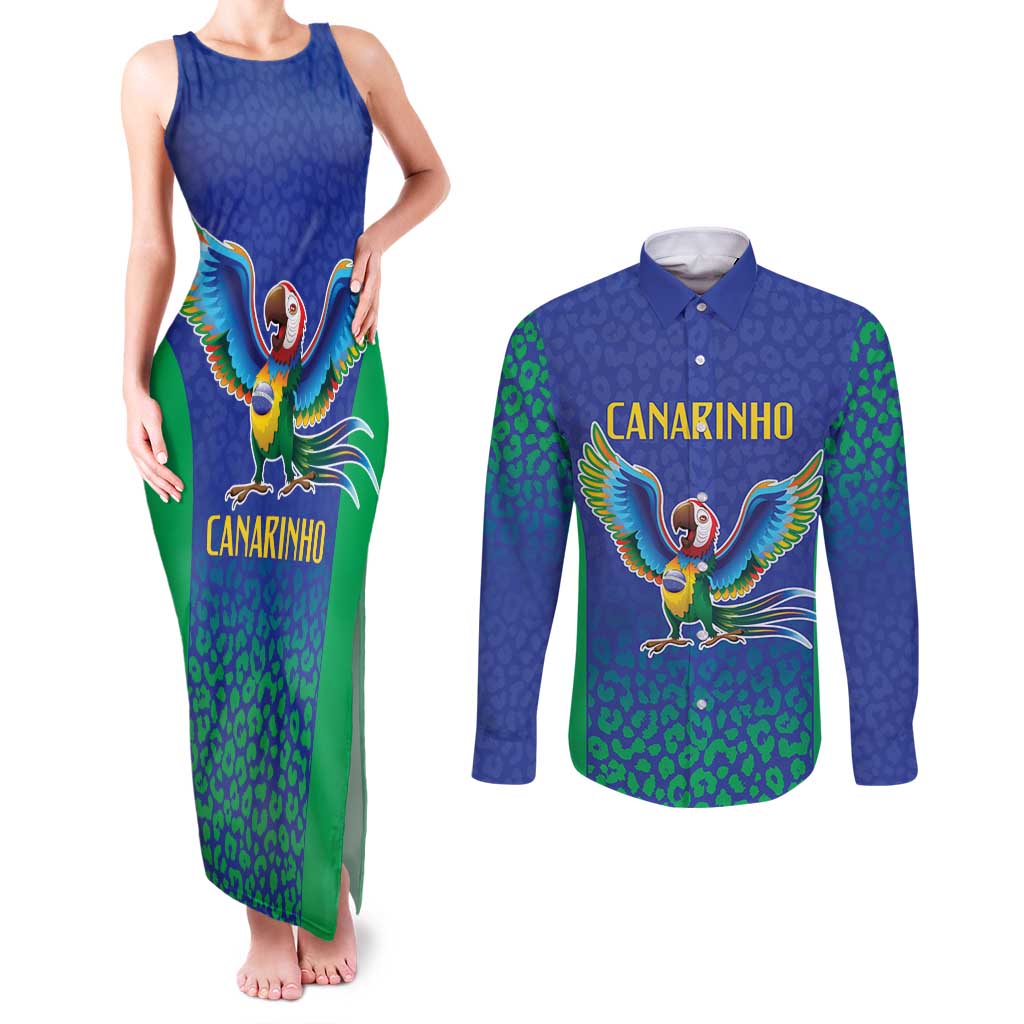 Brazil Canarinho Custom Couples Matching Tank Maxi Dress and Long Sleeve Button Shirt Macaw Mascot with Brazil Flag Colors