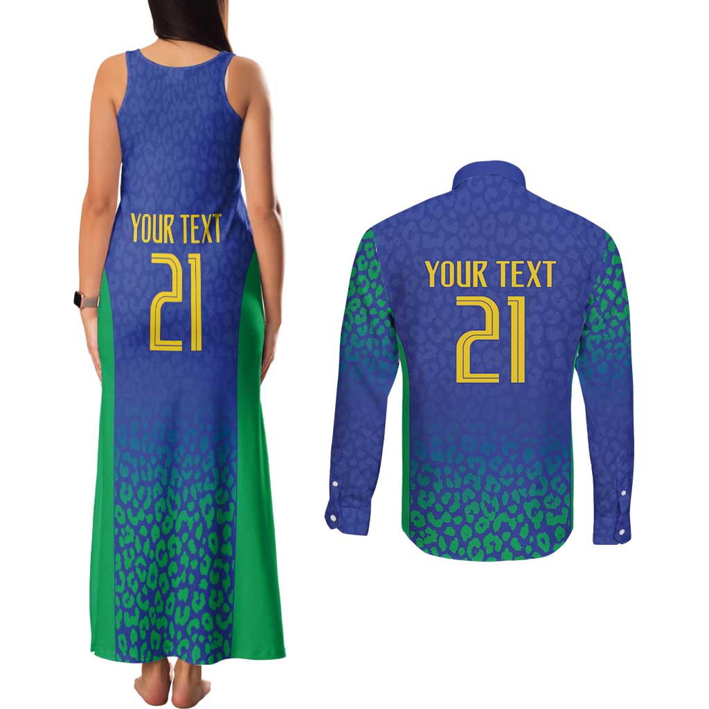Brazil Canarinho Custom Couples Matching Tank Maxi Dress and Long Sleeve Button Shirt Macaw Mascot with Brazil Flag Colors