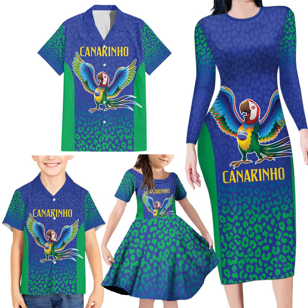 Brazil Canarinho Custom Family Matching Long Sleeve Bodycon Dress and Hawaiian Shirt Macaw Mascot with Brazil Flag Colors