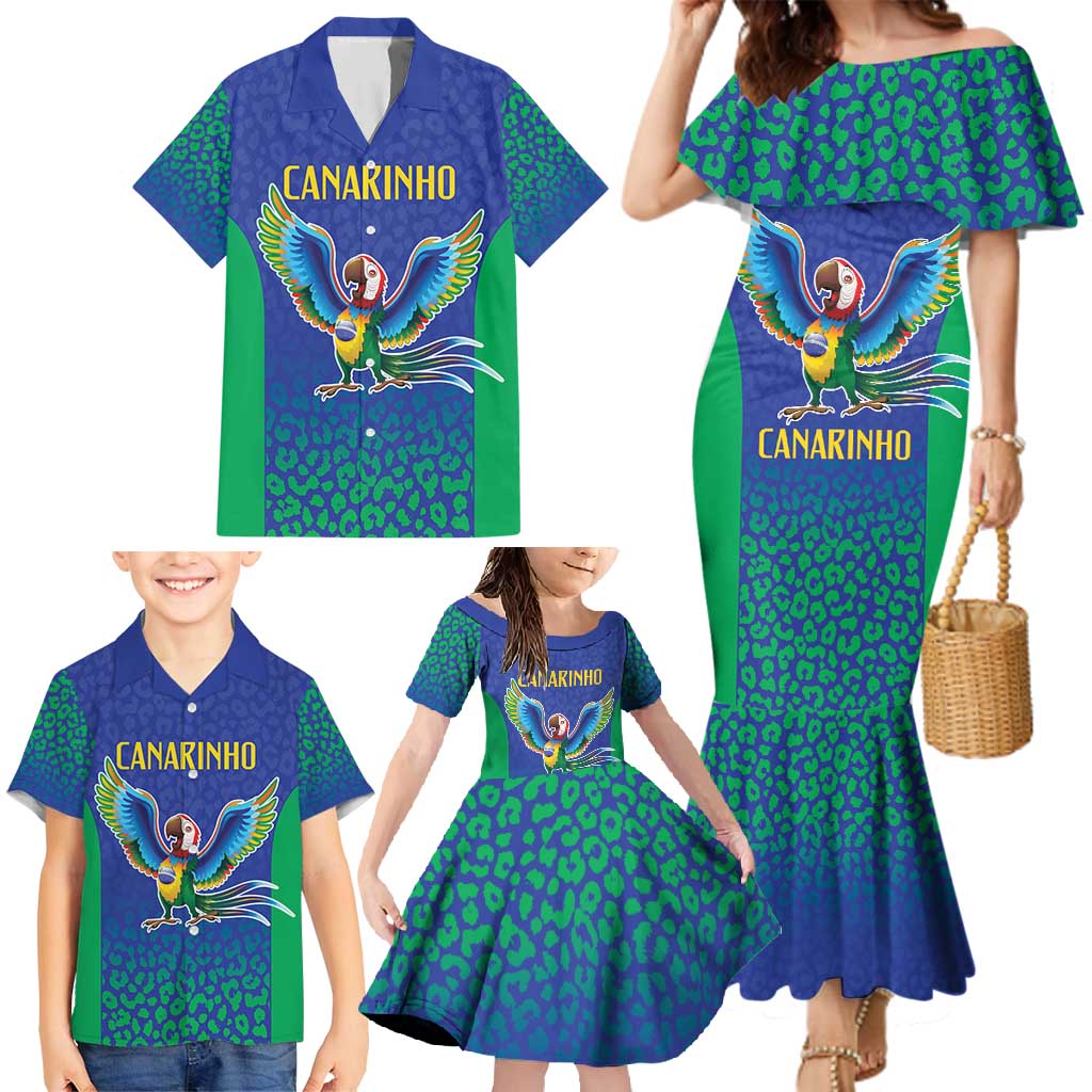 Brazil Canarinho Custom Family Matching Mermaid Dress and Hawaiian Shirt Macaw Mascot with Brazil Flag Colors