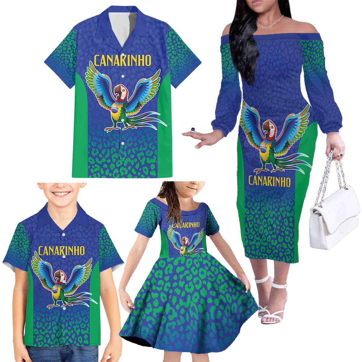 Brazil Canarinho Custom Family Matching Off The Shoulder Long Sleeve Dress and Hawaiian Shirt Macaw Mascot with Brazil Flag Colors