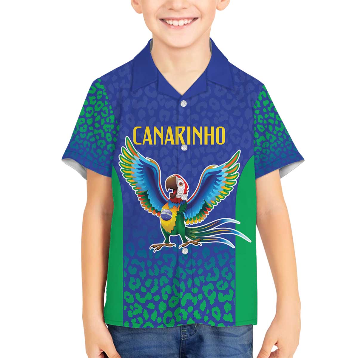 Brazil Canarinho Custom Family Matching Off The Shoulder Long Sleeve Dress and Hawaiian Shirt Macaw Mascot with Brazil Flag Colors
