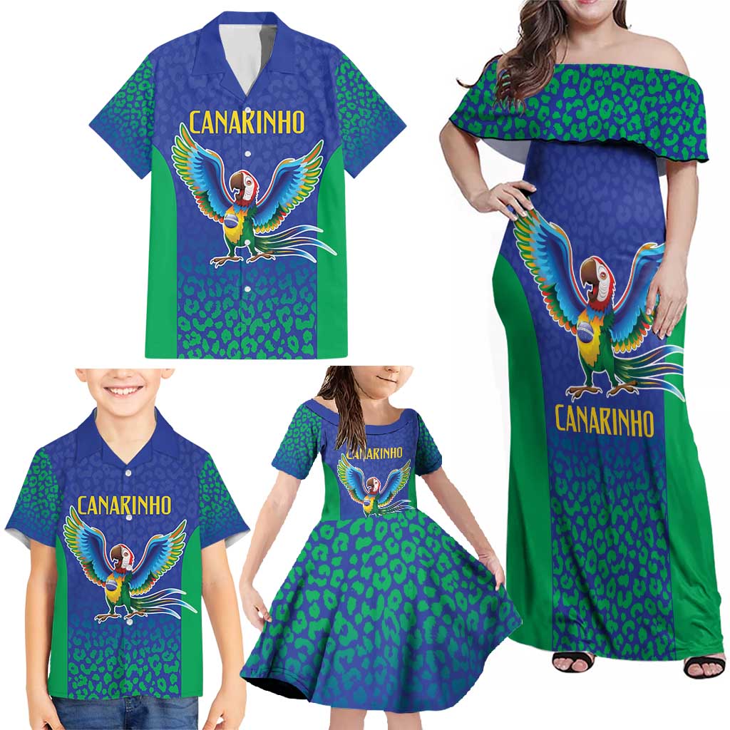 Brazil Canarinho Custom Family Matching Off Shoulder Maxi Dress and Hawaiian Shirt Macaw Mascot with Brazil Flag Colors
