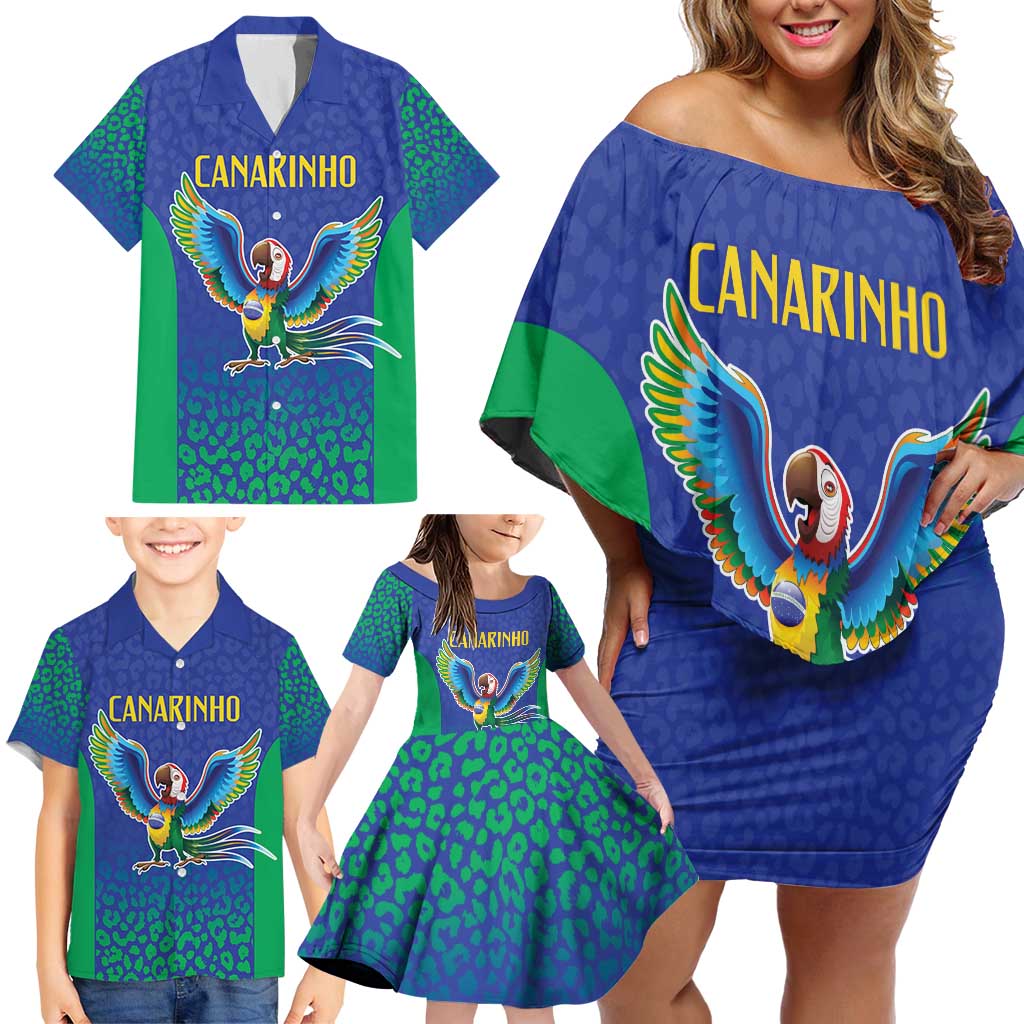 Brazil Canarinho Custom Family Matching Off Shoulder Short Dress and Hawaiian Shirt Macaw Mascot with Brazil Flag Colors