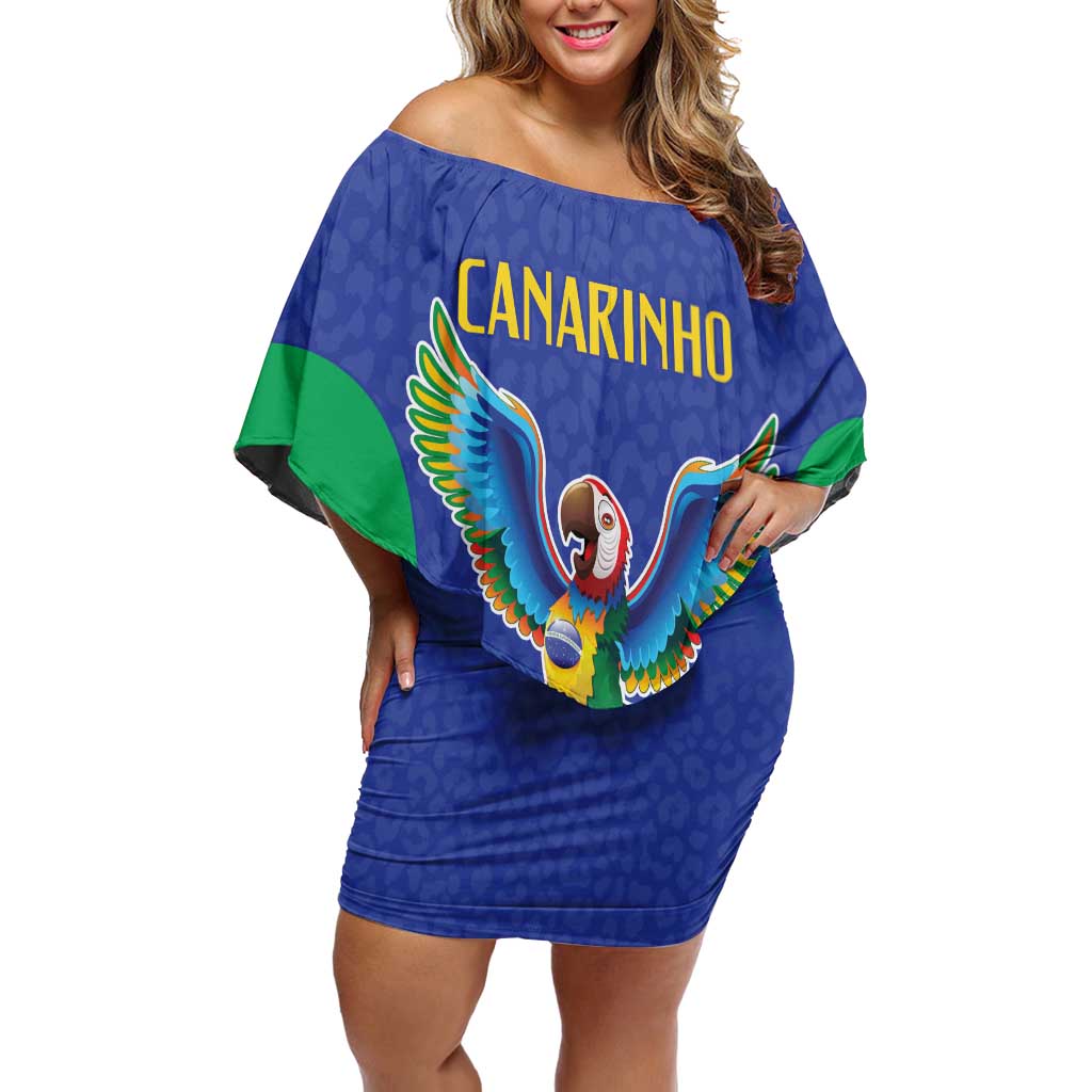 Brazil Canarinho Custom Family Matching Off Shoulder Short Dress and Hawaiian Shirt Macaw Mascot with Brazil Flag Colors